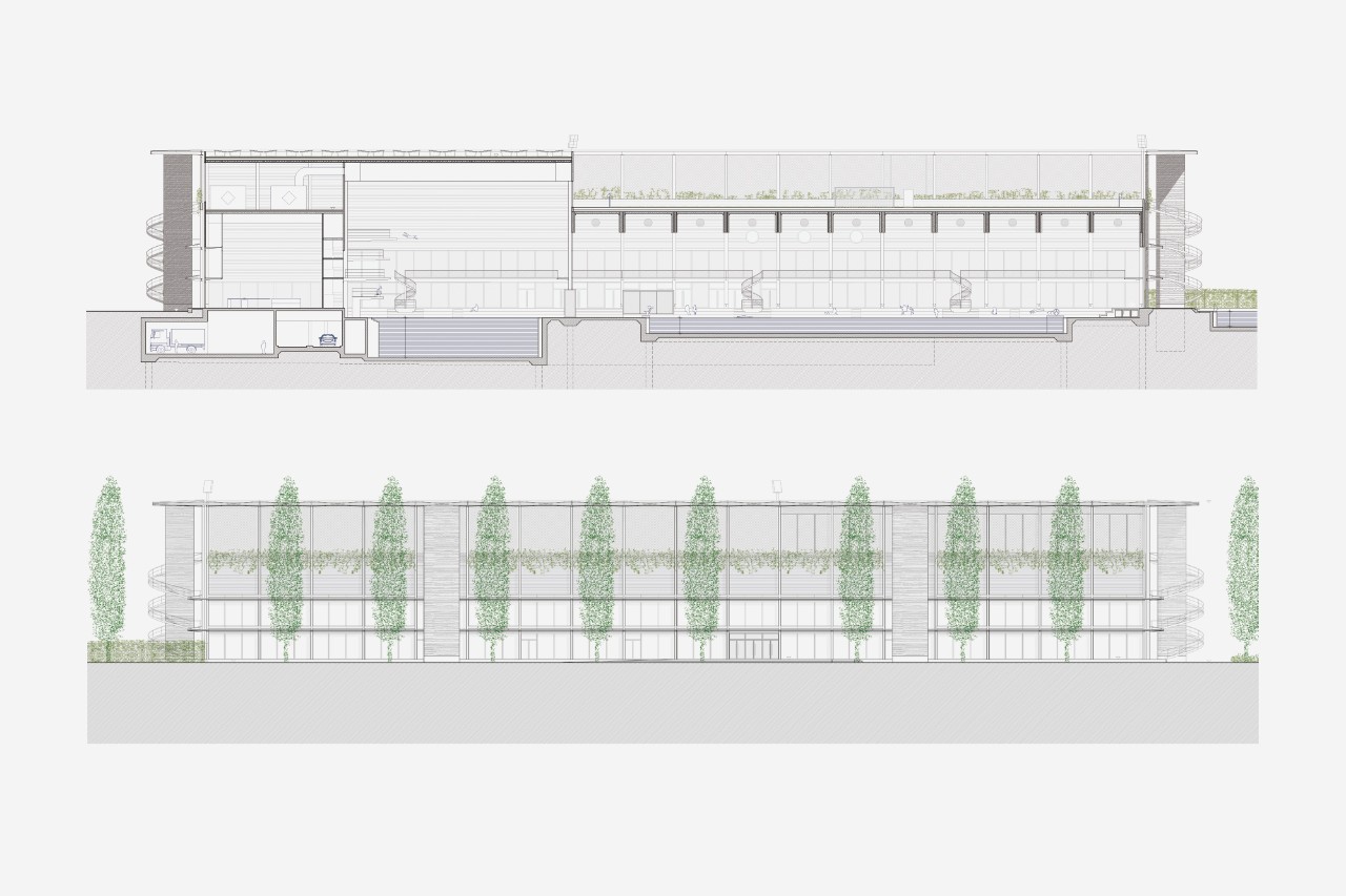 Längsschnitt und Ansicht Süd Sportzentrum Oerlikon Siegerprojekt AMMONIT (Plan: Boltshauser Architekten AG, Zürich)